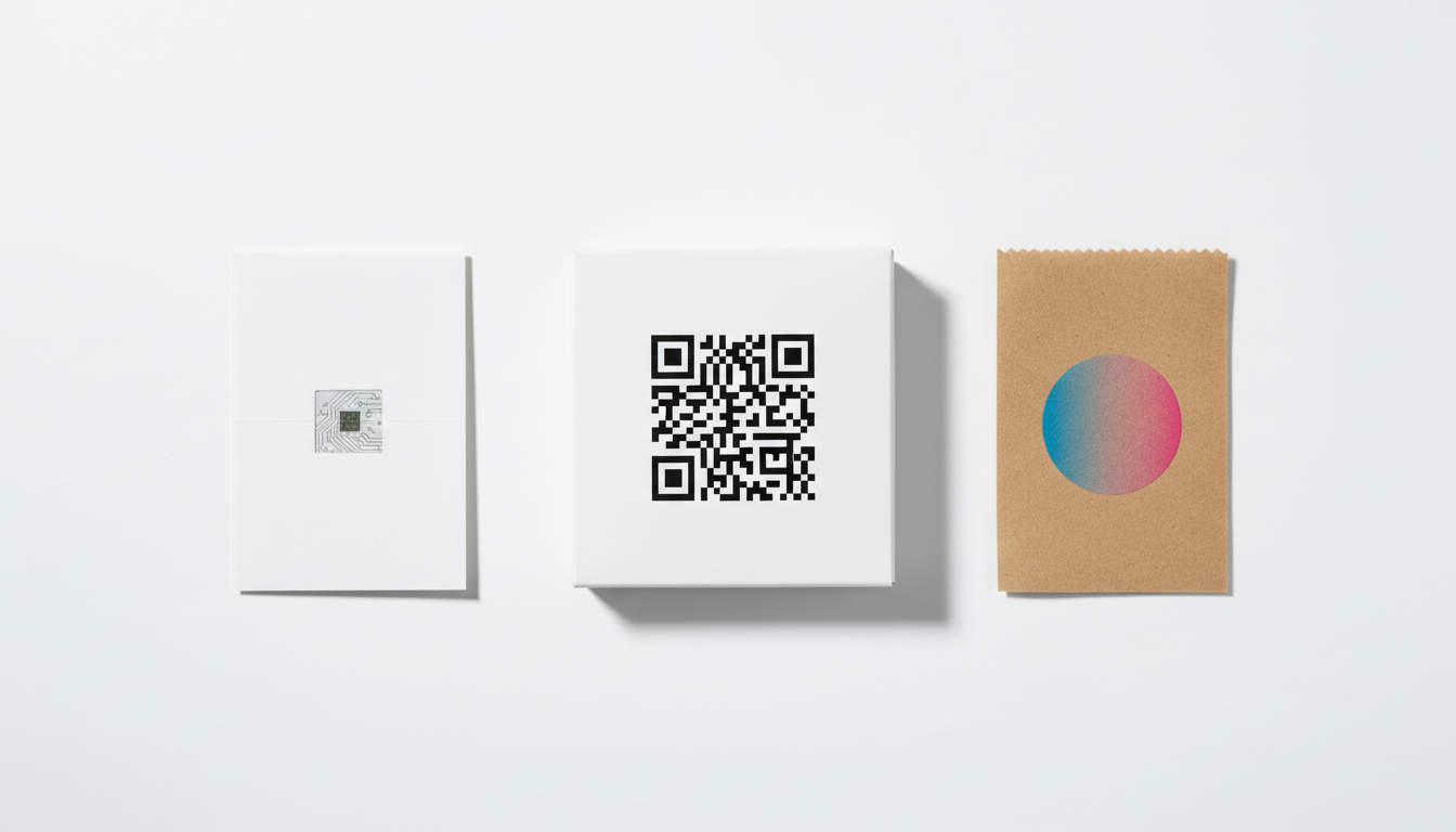Comparison of pharmaceutical packaging substrates: SBS board with NFC, C1S carton with QR, kraft paper with sensor.