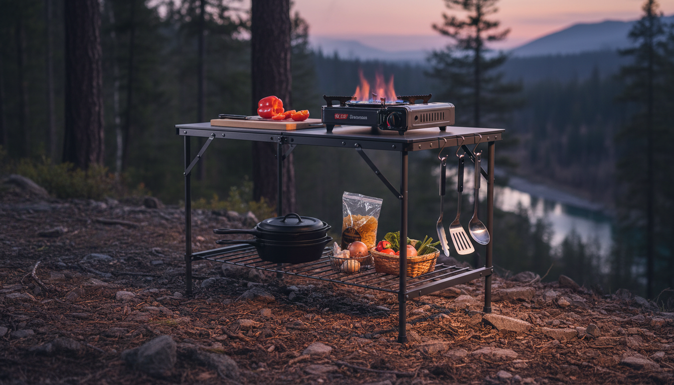 Foldable cooking table with stove, tools, and adjustable legs on uneven ground