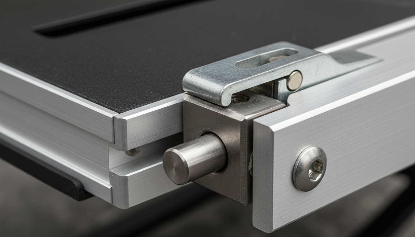 Close-up detail of a metal leg lock mechanism on a camp table