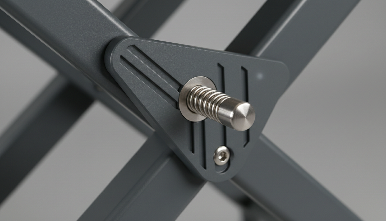Close-up of commercial-grade locking mechanism on small foldable camping table