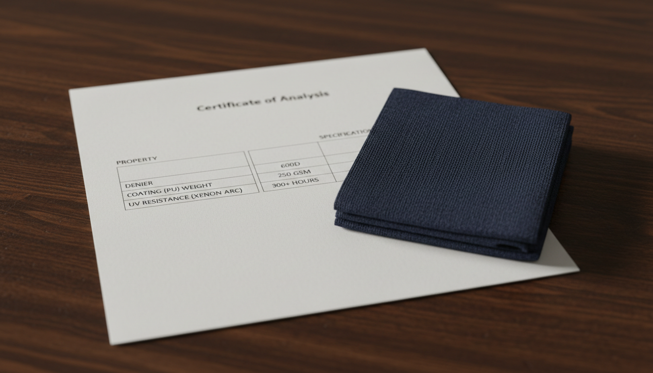 Example of a material Certificate of Analysis (CoA) for 600D Oxford fabric used in outdoor portable chairs.