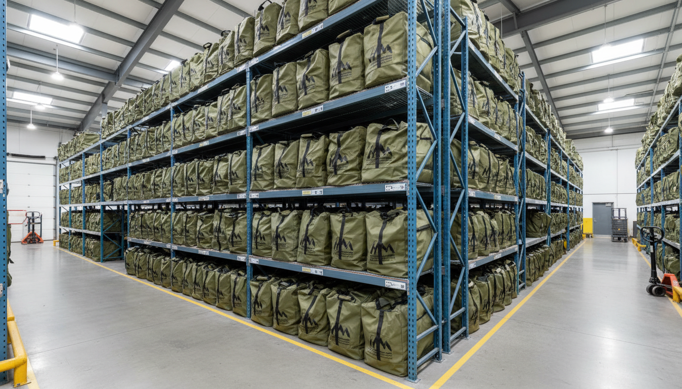 Organized warehouse storage for fleet of group camping tents