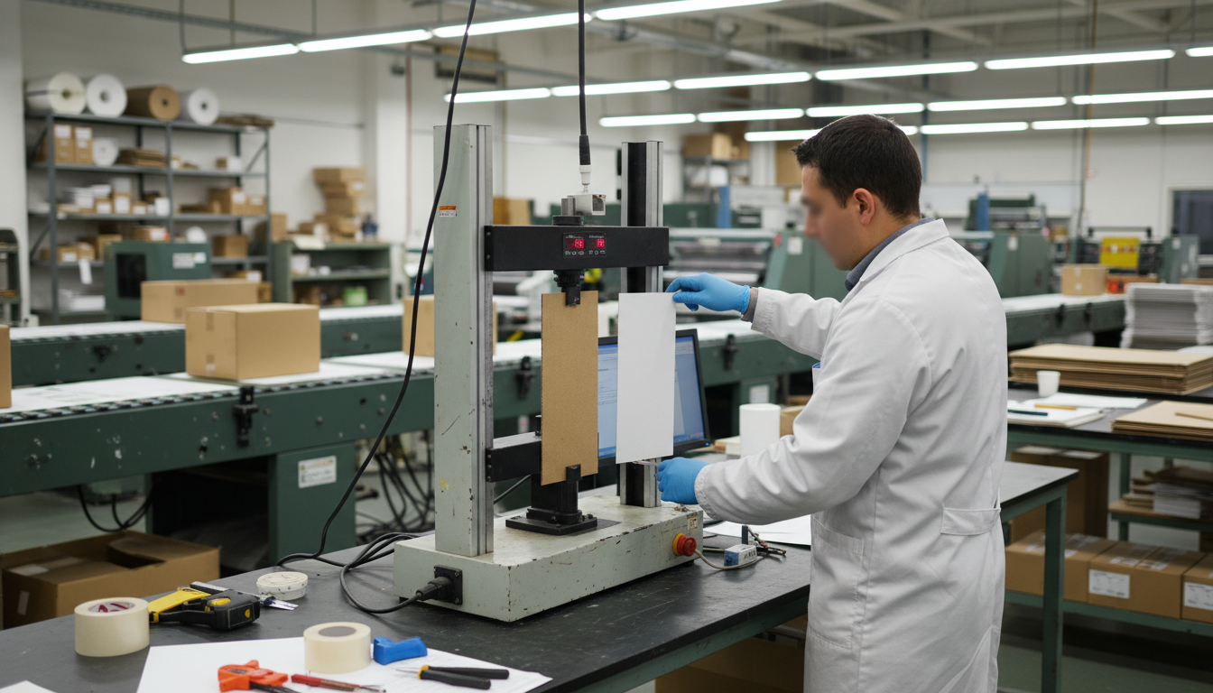 Lab technician testing tear strength of recycled versus virgin paperboard