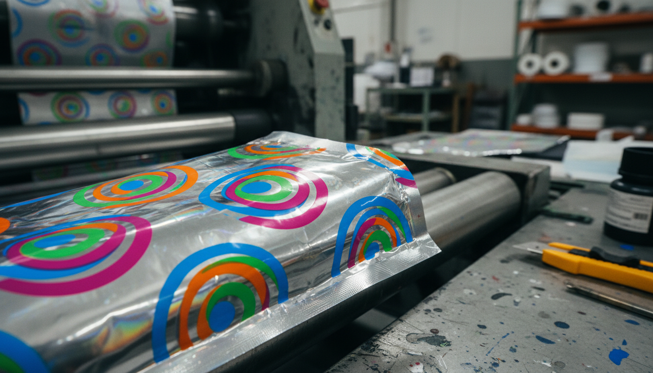 Close-up detail of UV flexo ink on metallic food packaging film