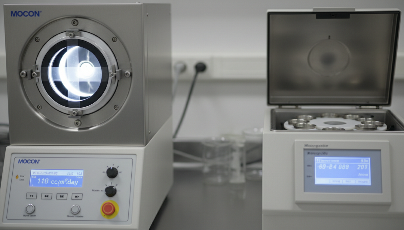 Close-up of MOCON oxygen transmission tester and moisture analyzer for packaging barrier testing