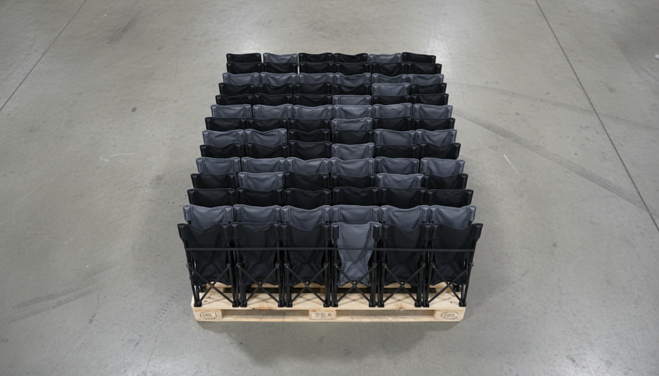 A pallet of 100 compact folding chairs optimized for commercial shipping and storage.