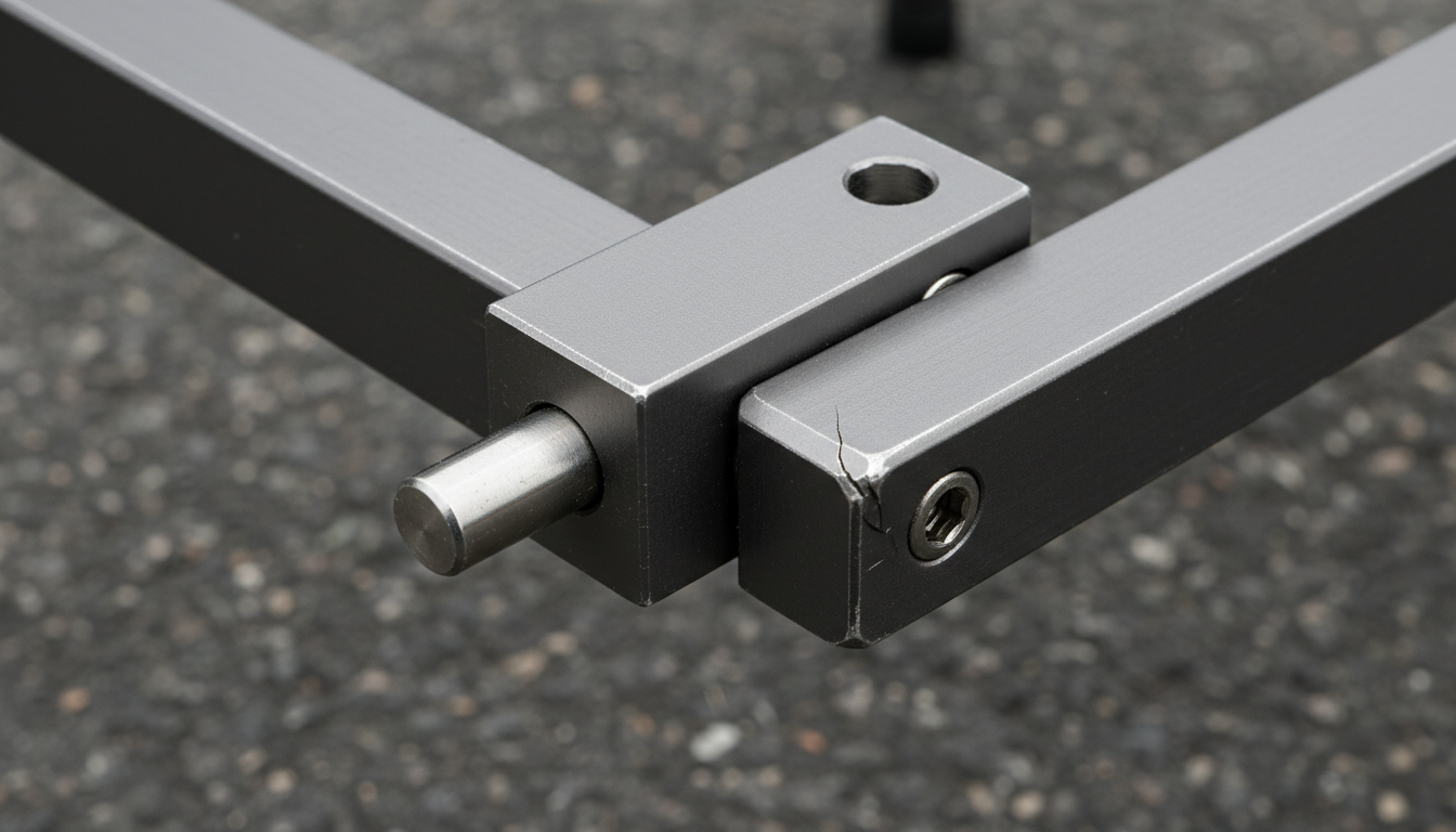 Close-up detail of anodized aluminum frame and locking hinge on a durable low camping table.