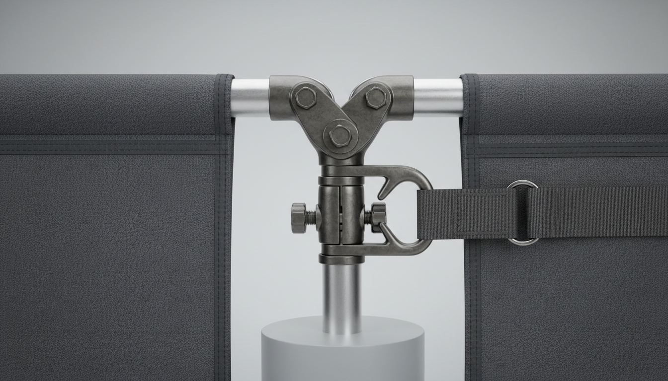 Detail of a commercial canopy steel frame joint and fabric, emphasizing durability for long warranty and credit terms.