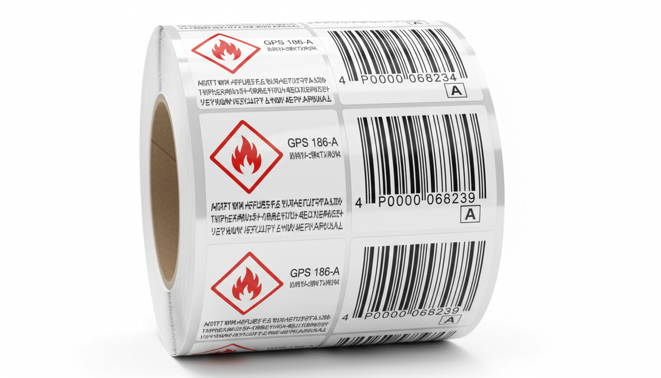 Combined GHS hazard and UPC barcode label on white film