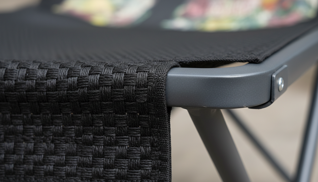 smallest folding beach chair: close-up of 600D fabric and powder-coated steel frame on low-profile beach chair