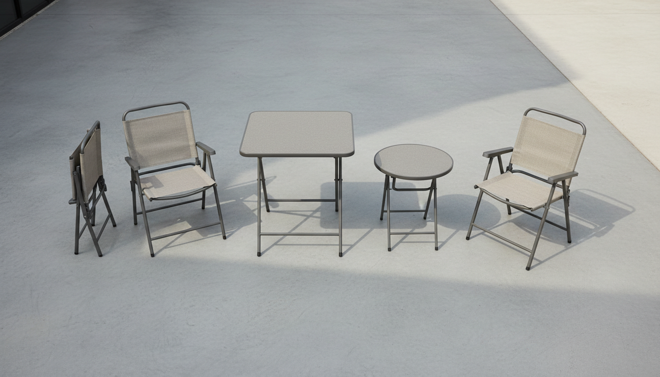 Commercial setup comparing standard and low profile outdoor folding chairs with correctly paired tables