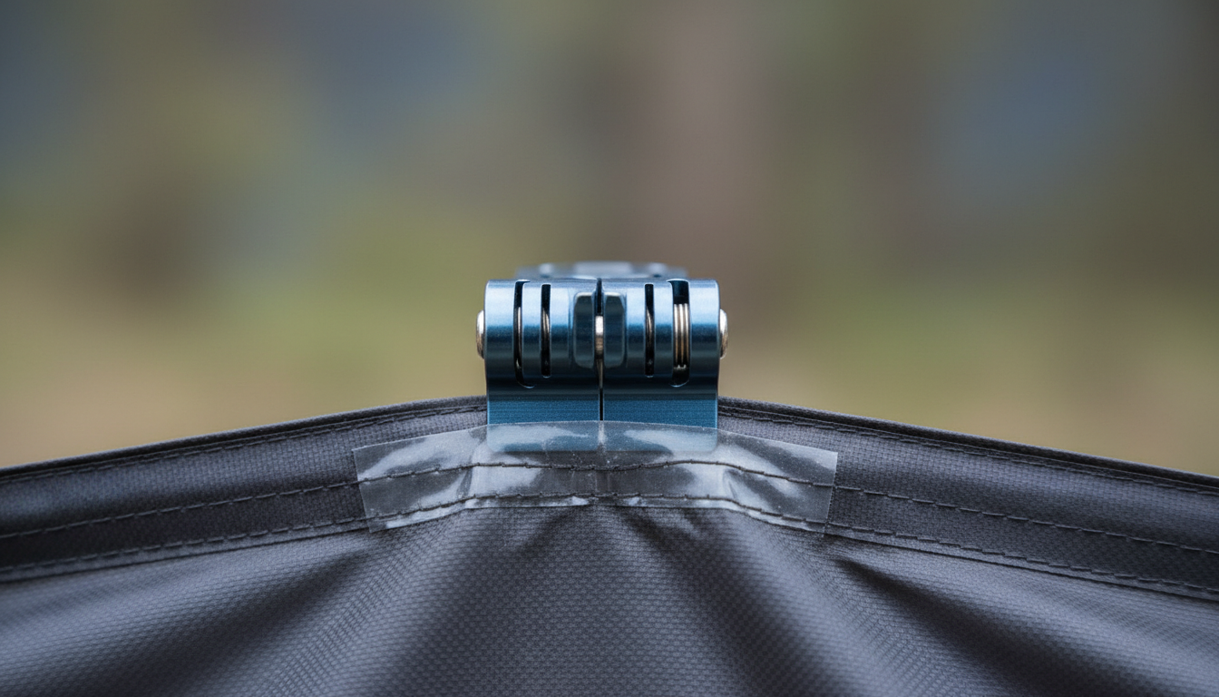 Close-up of DAC aluminum pole and taped seam on commercial tent