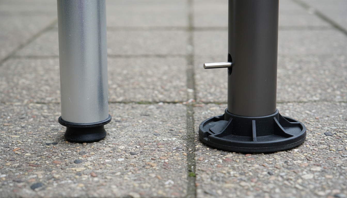 Close-up of 25mm diameter leg with positive lock mechanism vs. standard 19mm friction-fit design for camping tables