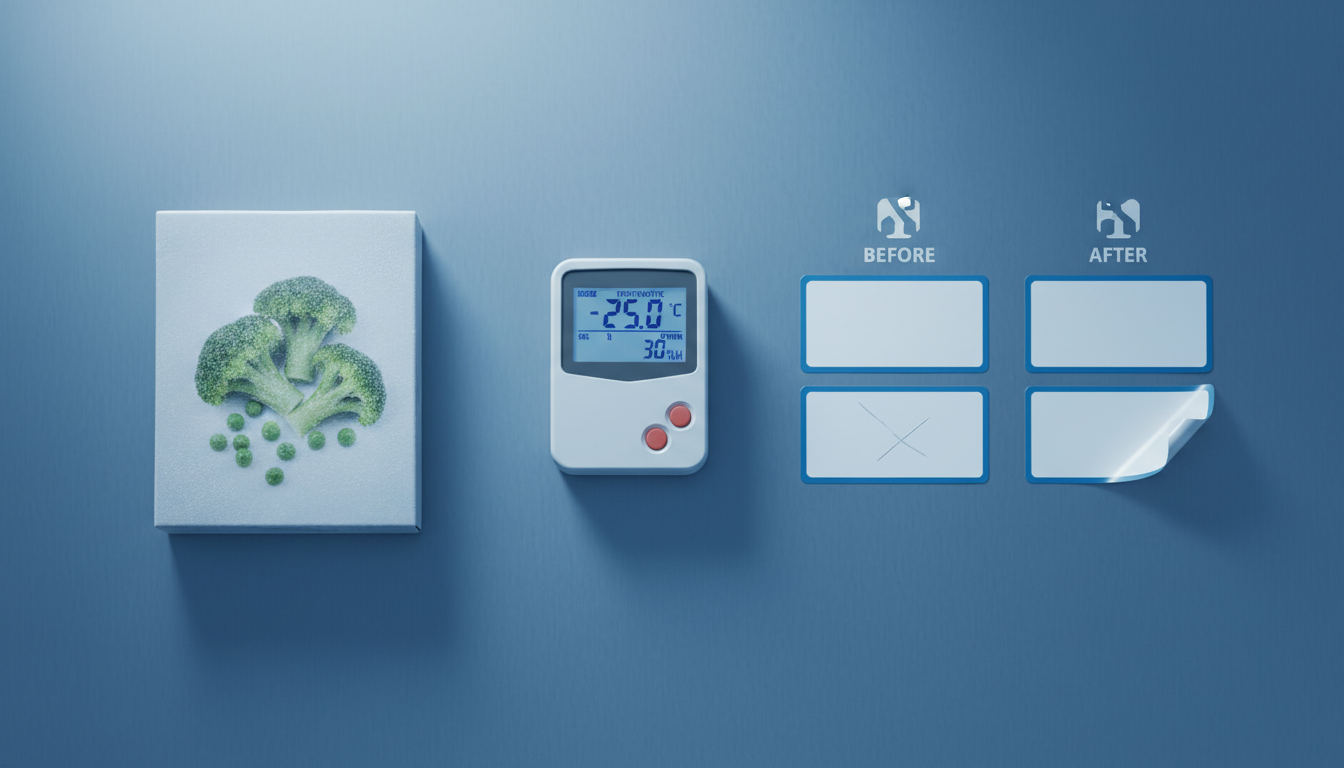 Frozen food packaging and laminated labels before and after freeze-thaw durability testing