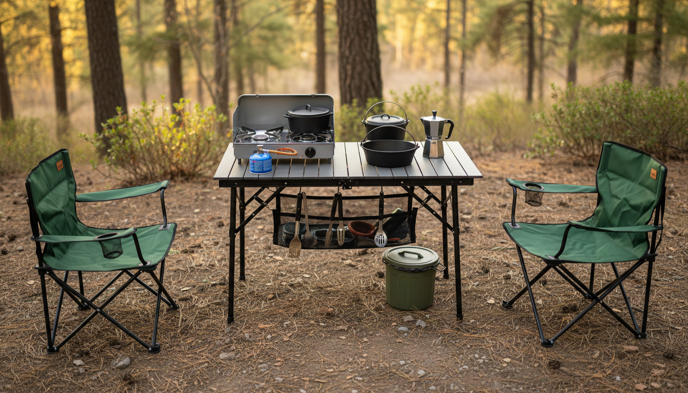 Commercial camping kitchen station with integrated storage