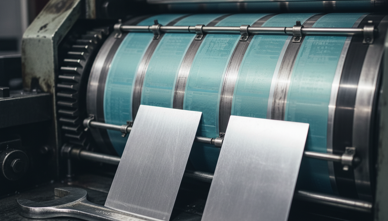 Close-up detail of aluminum printing plates mounted on a Heidelberg Speedmaster press cylinder
