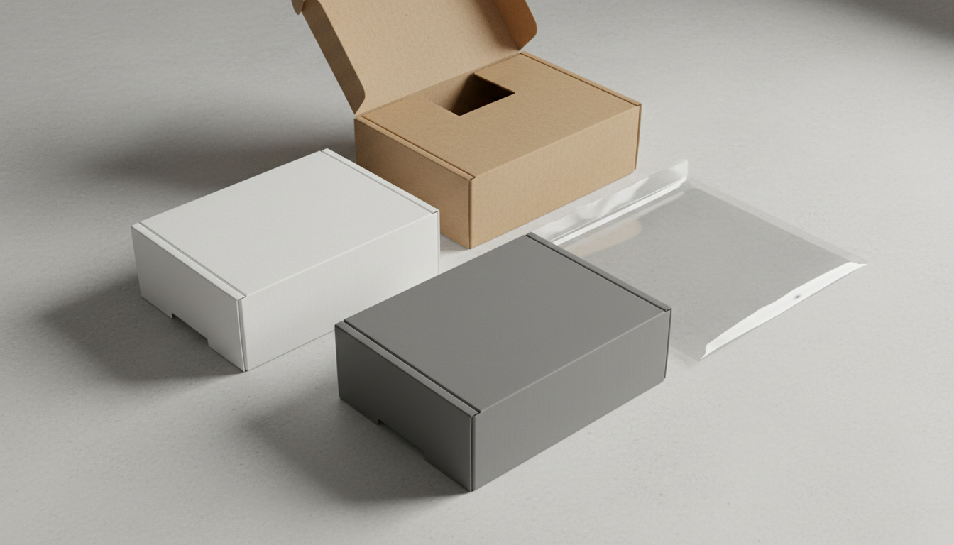 Flat-lay of diverse unbranded packaging material samples including kraft, corrugated, and folding carton board