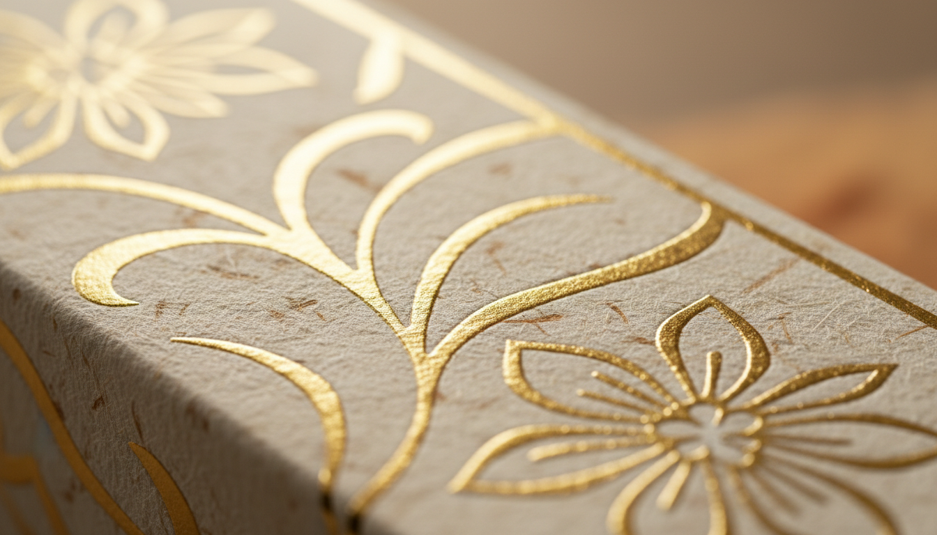 Close-up detail of hot foil stamping and embossing on luxury packaging