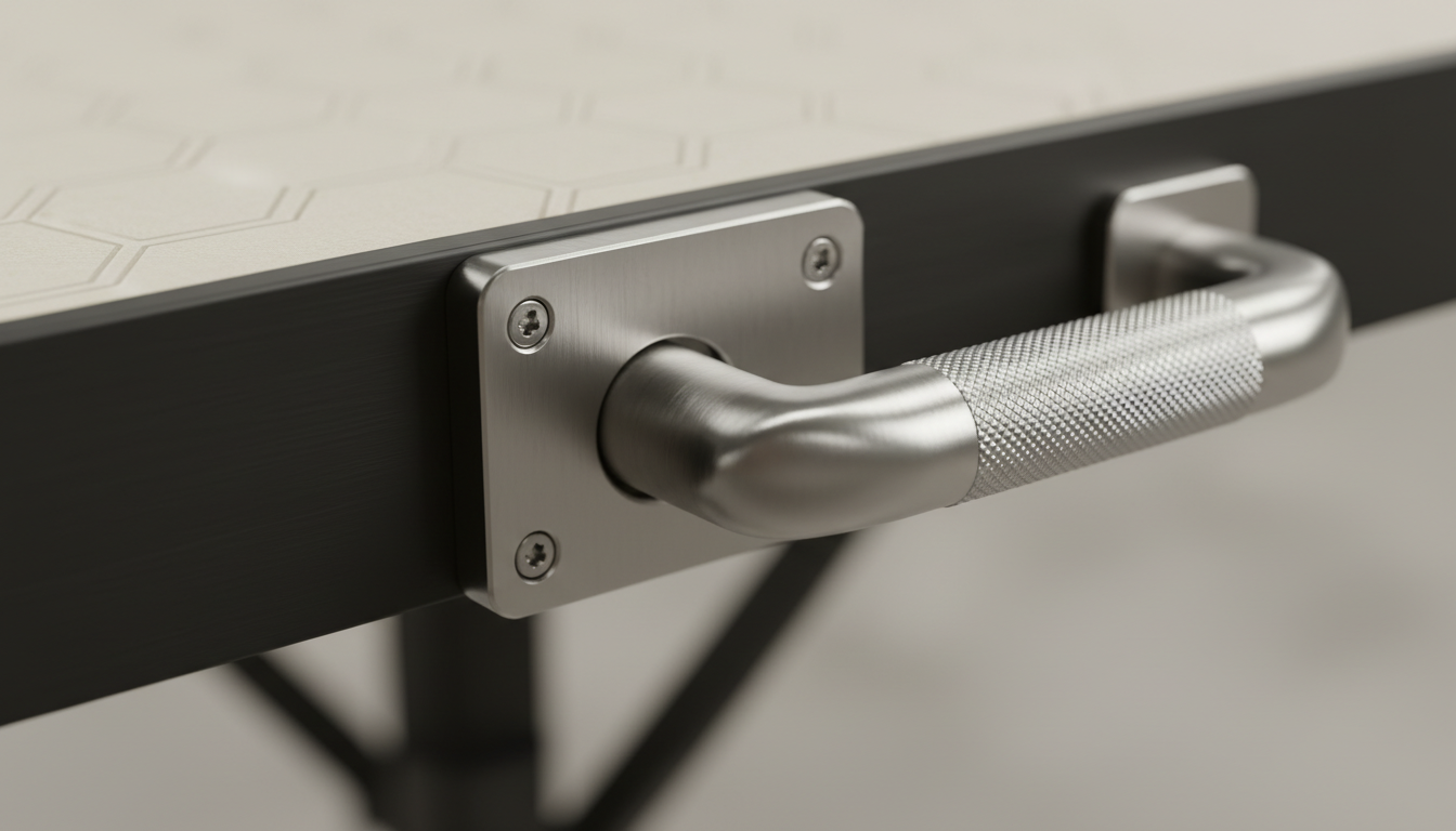 light weight camping table: close-up of a commercial-grade over-center cam lock on an aluminum camping table leg