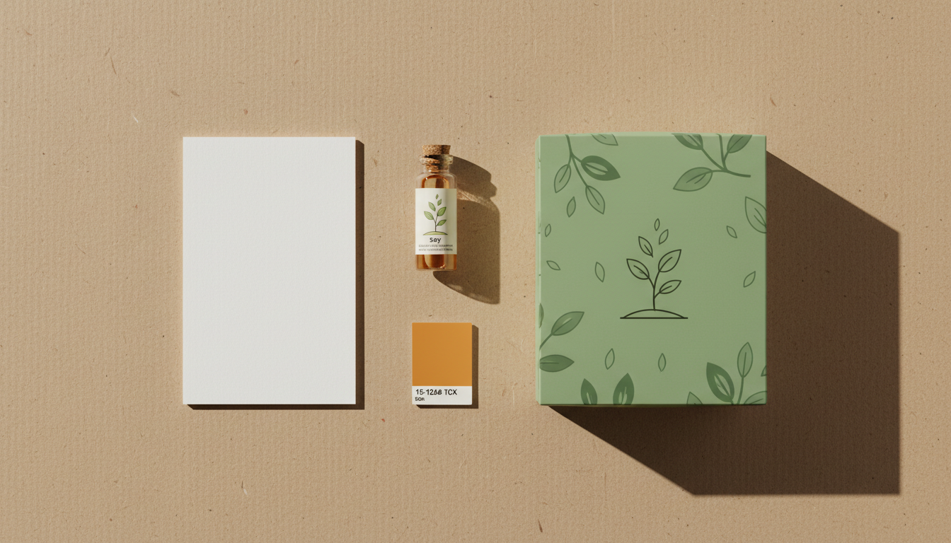 Sustainable packaging material flat-lay with FSC board and food safe ink