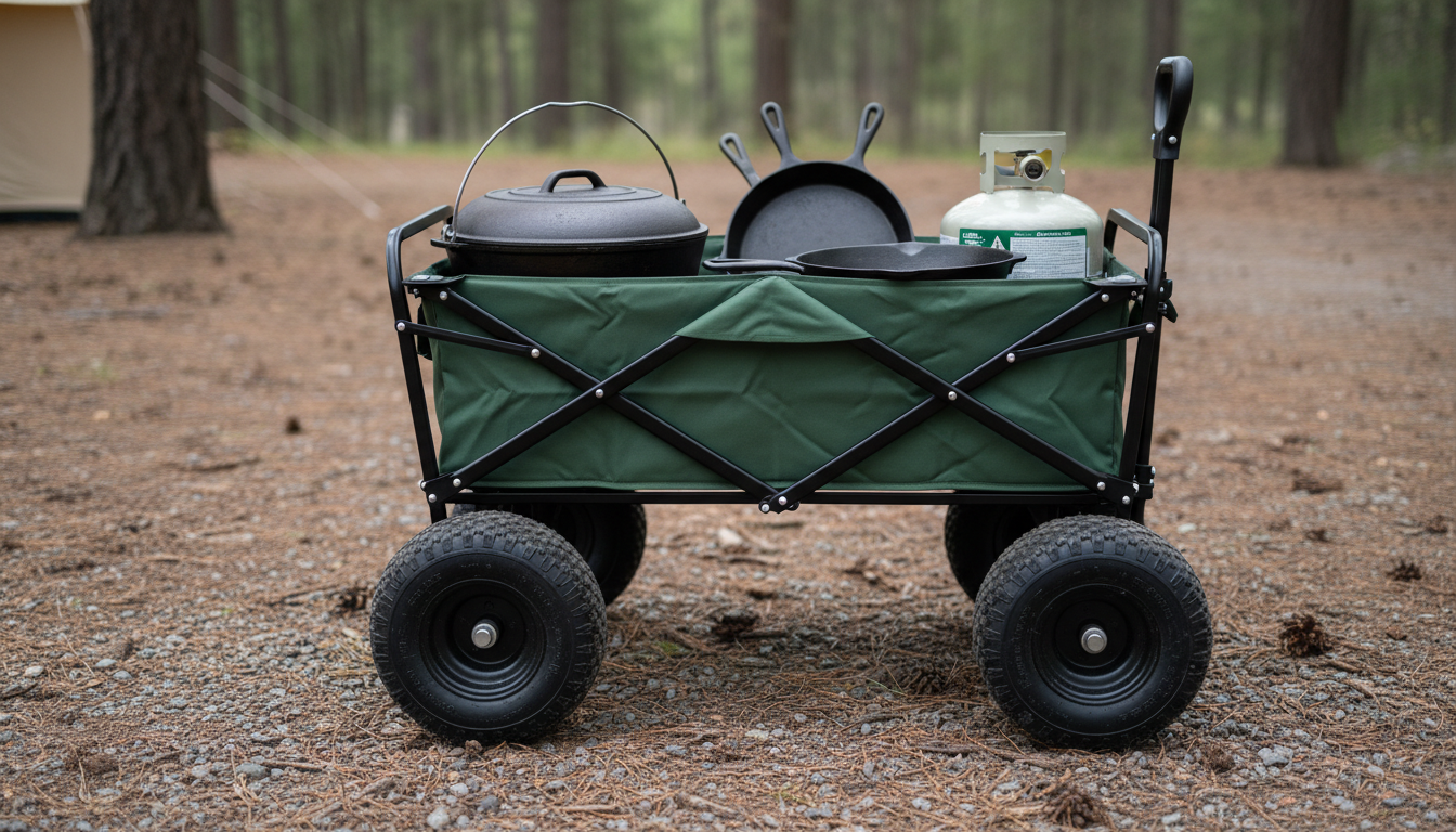 Heavy-duty folding wagon loaded with cast iron Dutch ovens and skillets