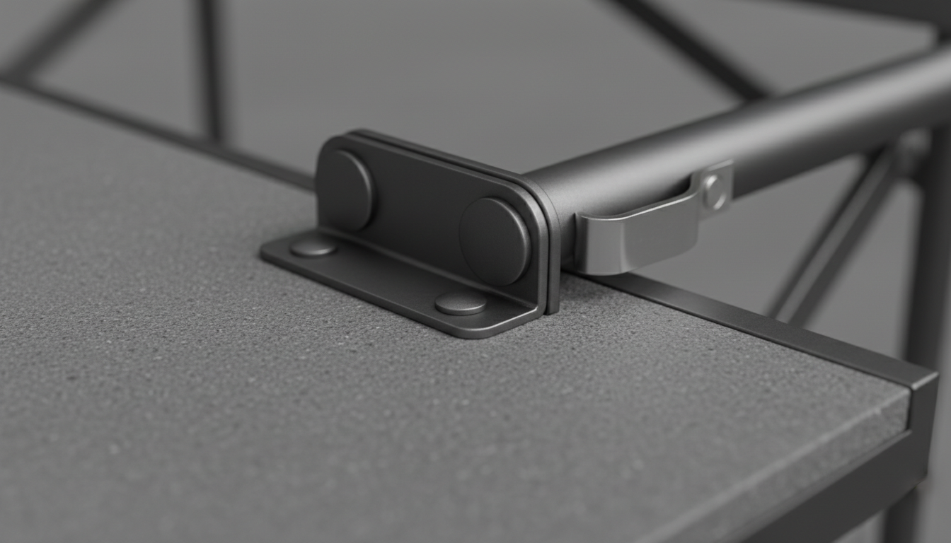 Close-up detail of heat-resistant composite tabletop and reinforced aluminum hinge