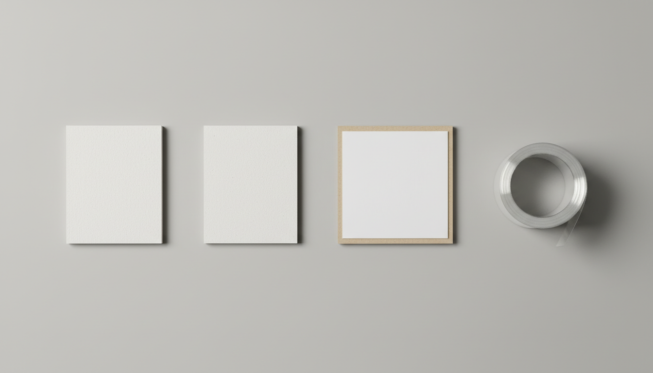 Comparison of packaging material samples: 18pt SBS, 24pt SBS, 300gsm C1S board, and 2.5 mil BOPP film