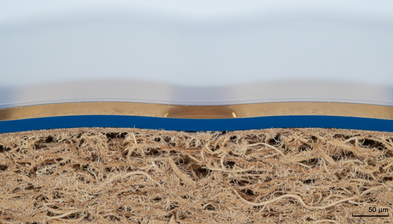 Micrograph cross-section view of laminated packaging layers: paper, ink, adhesive, film