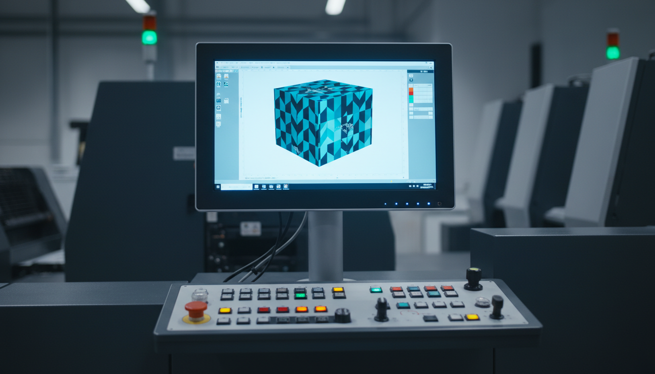 Close-up of a Heidelberg press console and monitor showing a neutral packaging design during production