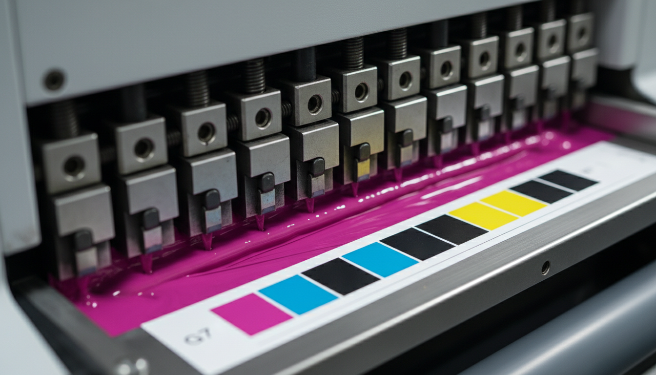 Close-up of compliant ink formulation on a Heidelberg press for FDA food packaging