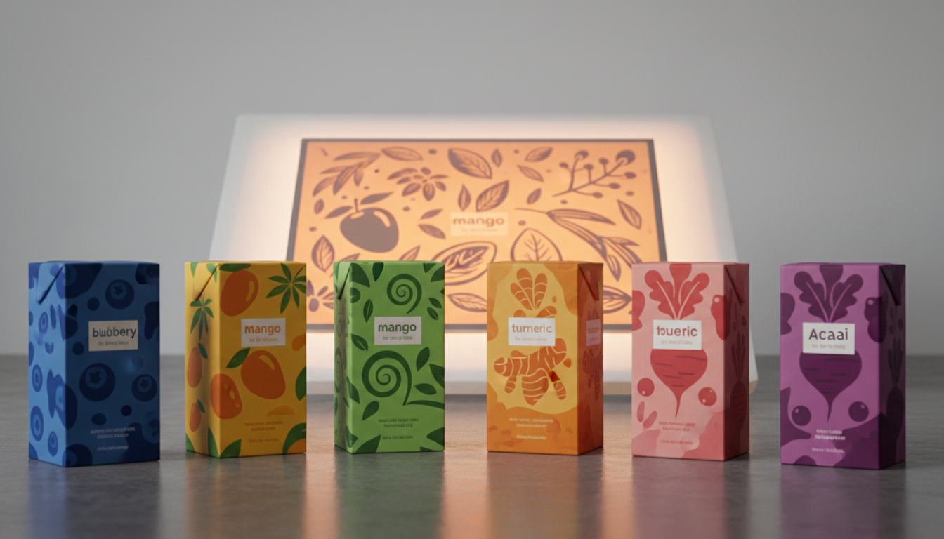 Digitally printed packaging variants next to a flexographic printing plate on a light table