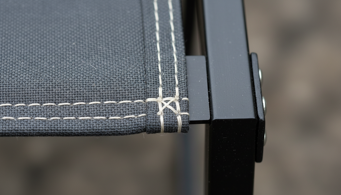 bulk buy camping tables: close-up of durable 600D Oxford fabric and aluminum frame joint on a camping table