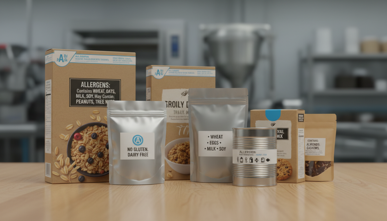 Various food packaging with allergen labels