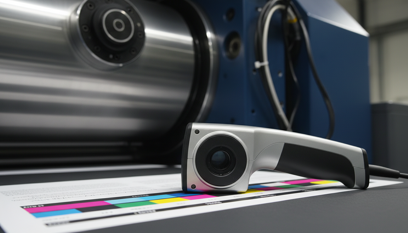 Technician performing spectrophotometer measurement for ISO 12647-2 color compliance on press sheet