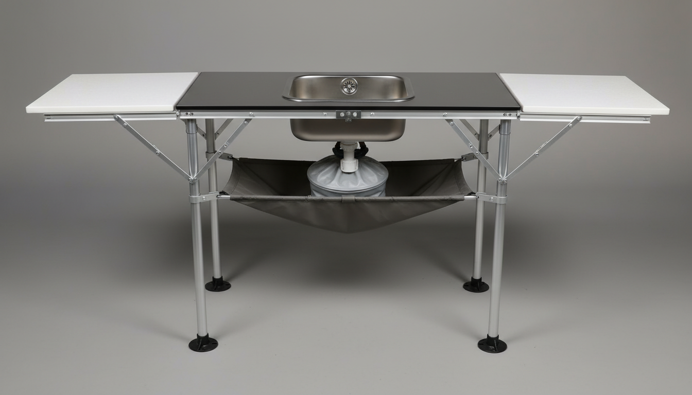 Commercial camping kitchen table with integrated stainless steel sink