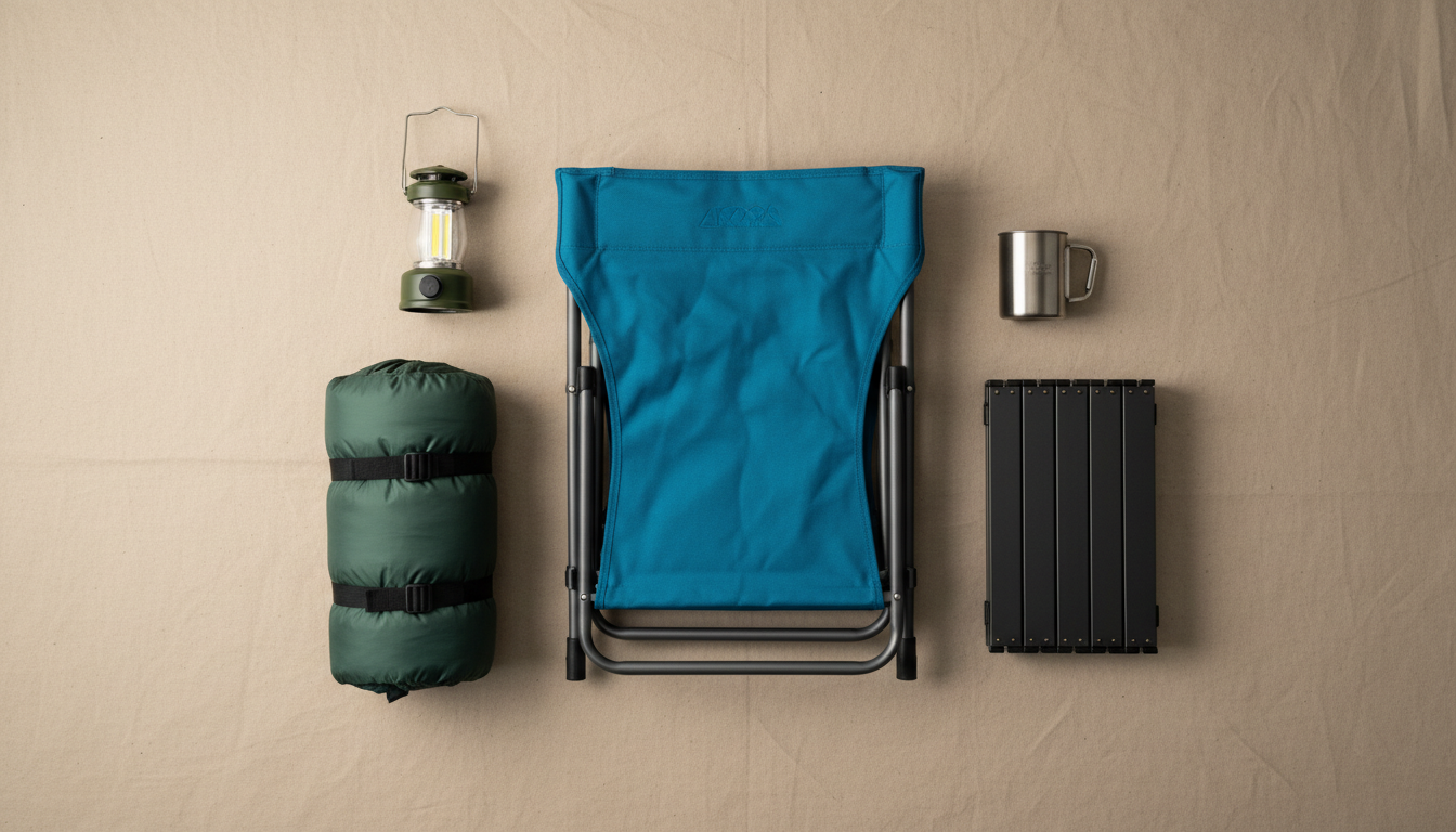 drop shipping camping chairs: cohesive outdoor gear bundle for ecommerce including camping chair, sleeping bag, and...