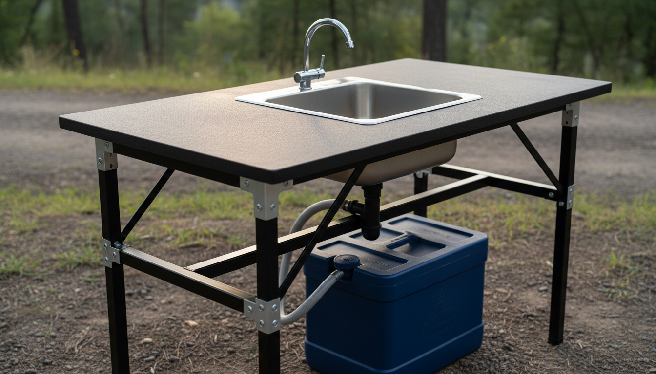 Camping kitchen table with integrated stainless steel sink and reinforced frame