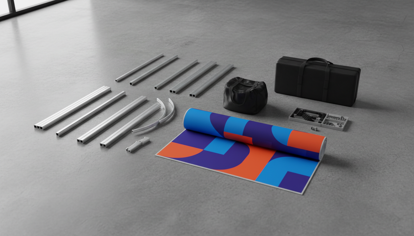 Portable modular display system components laid out for transport