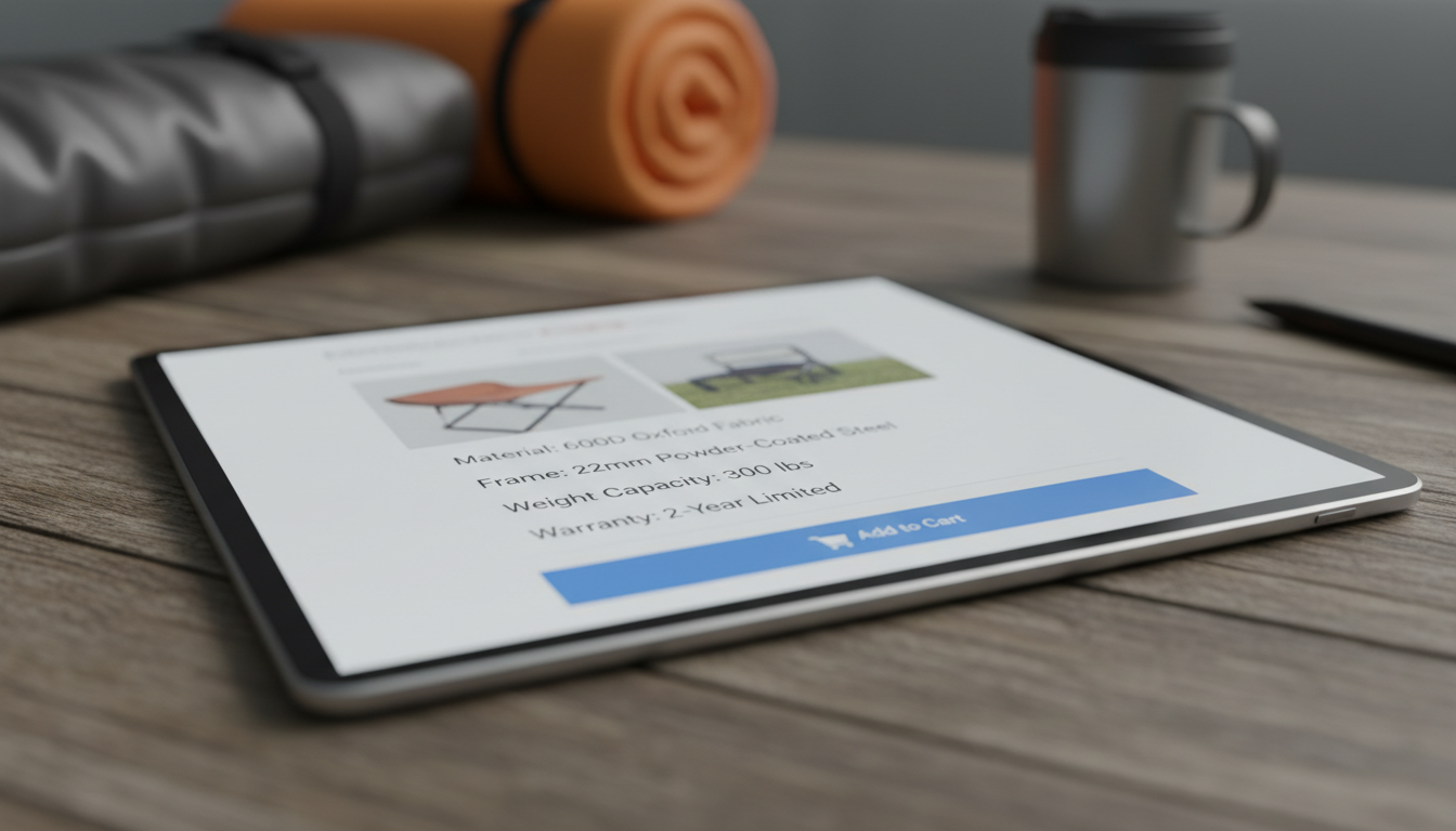 Ecommerce product page for a camping chair highlighting material specs and warranty