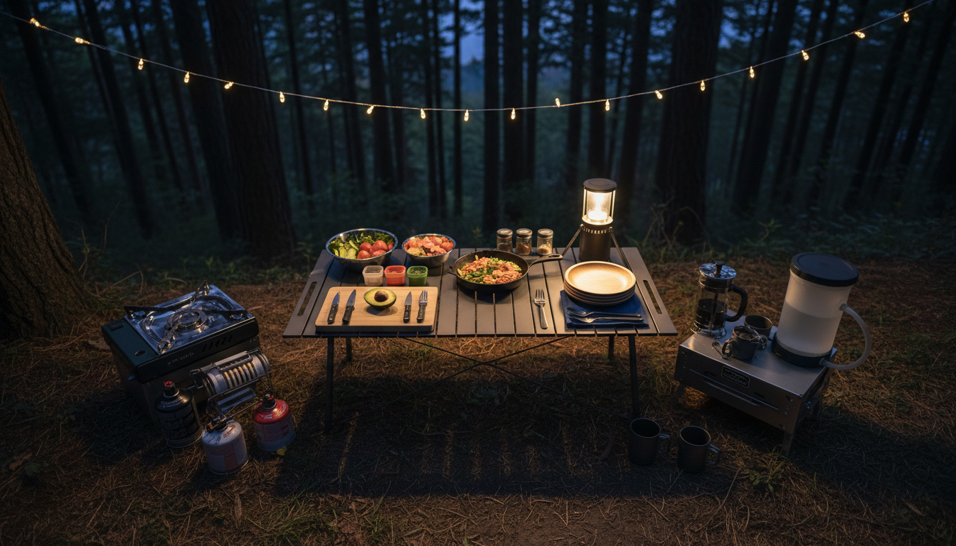 Commercial camp setup with a centralized low camping table streamlining outdoor kitchen operations.
