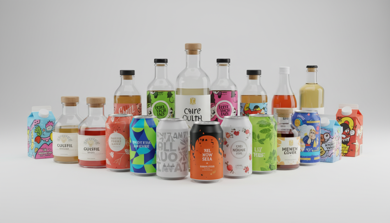 Custom beverage packaging variety with printed labels