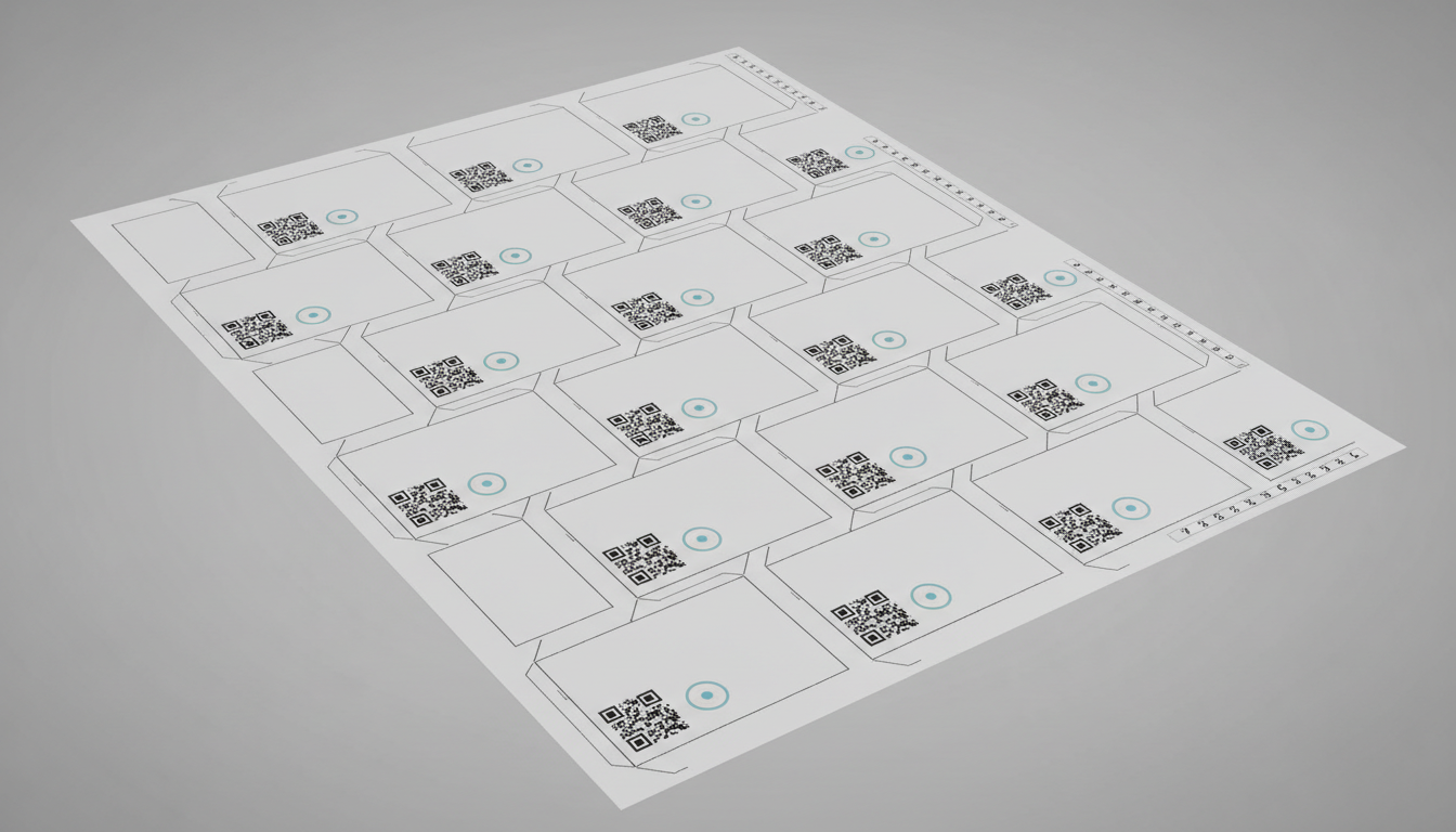 Die-cut pharmaceutical carton sheet with QR codes, NFC points, and adherence strips.