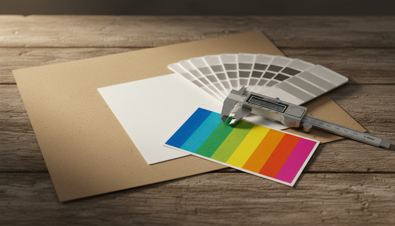 Sustainable packaging material swatches with Pantone book and caliper
