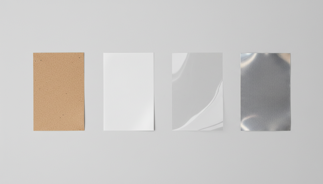 Flat-lay comparison of label materials: Kraft paper, BOPP, PET, and metallic film