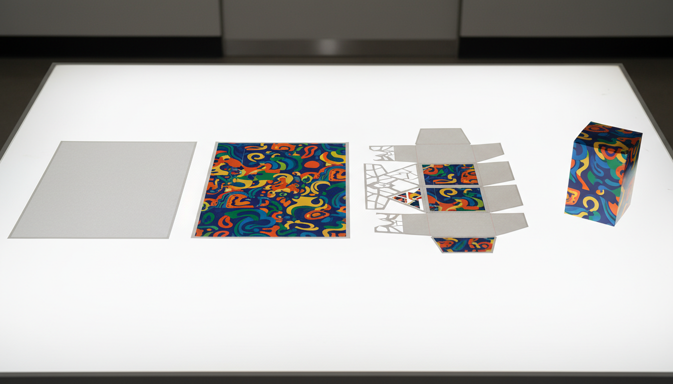 Sequential production stages from blank board to finished folding carton