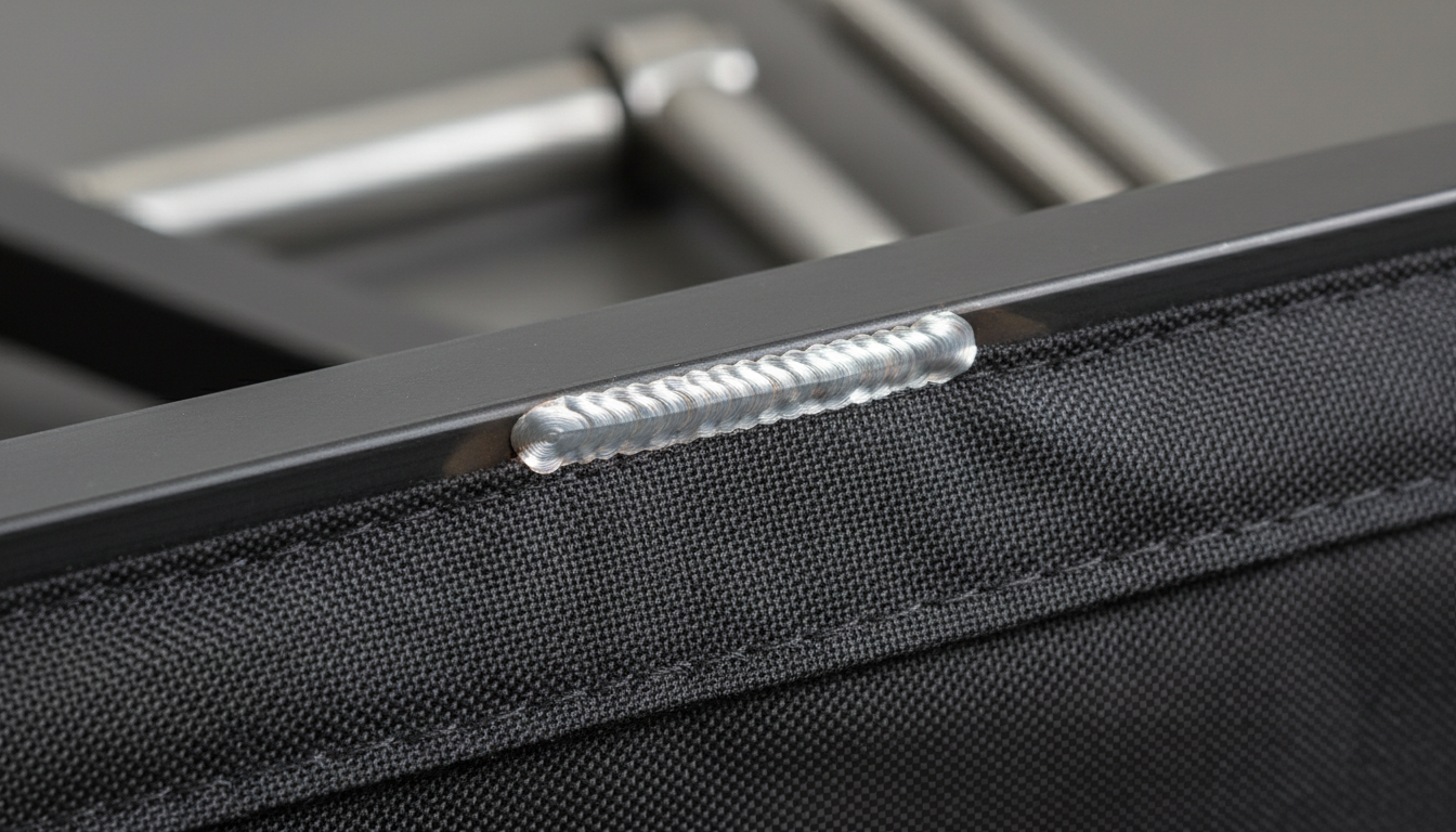 chairs folding outdoor: close-up of continuous weld and 600D Oxford fabric on a commercial outdoor folding chair frame