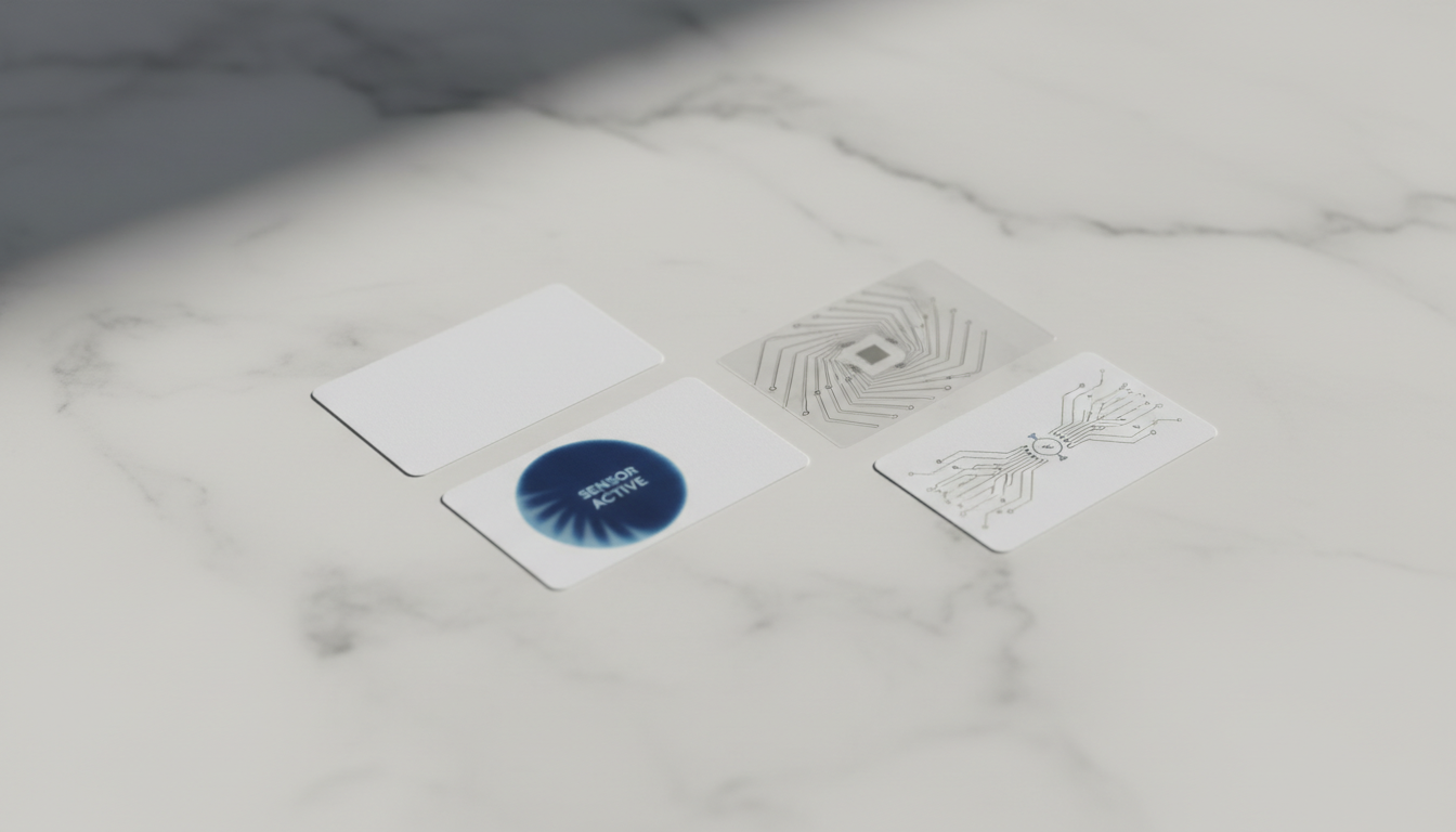 Conceptual flat-lay of future smart label technologies including NFC, thermochromic ink, and conductive traces