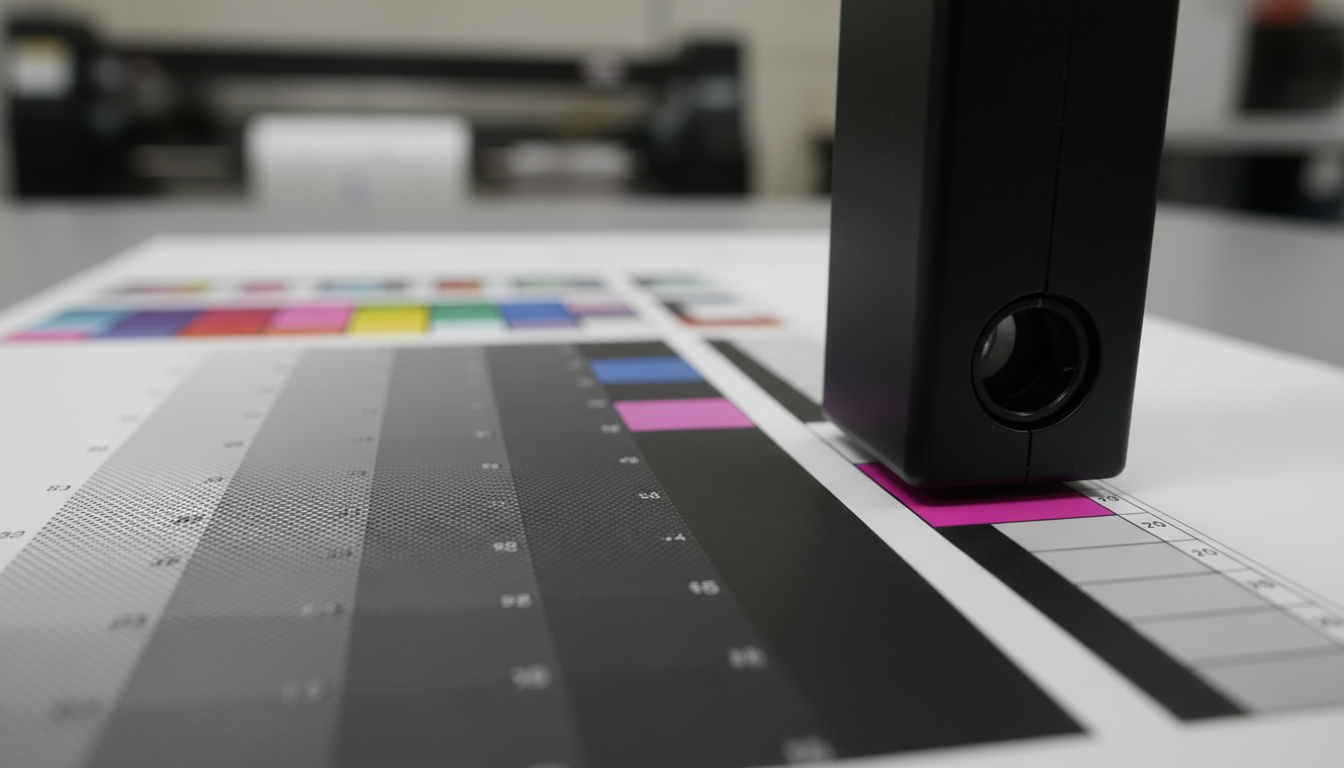 Close-up of G7 color calibration target and digital control strip for color accuracy