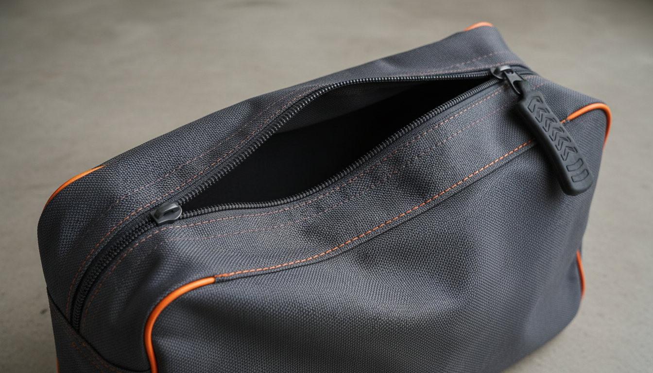 Detail of reinforced stitching and heavy-duty zipper on a commercial chair storage bag