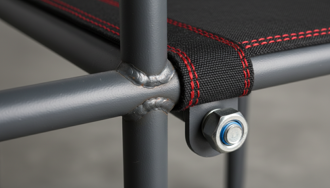 Close-up detail of reinforced compact chair construction: weld, stitching, and fastener